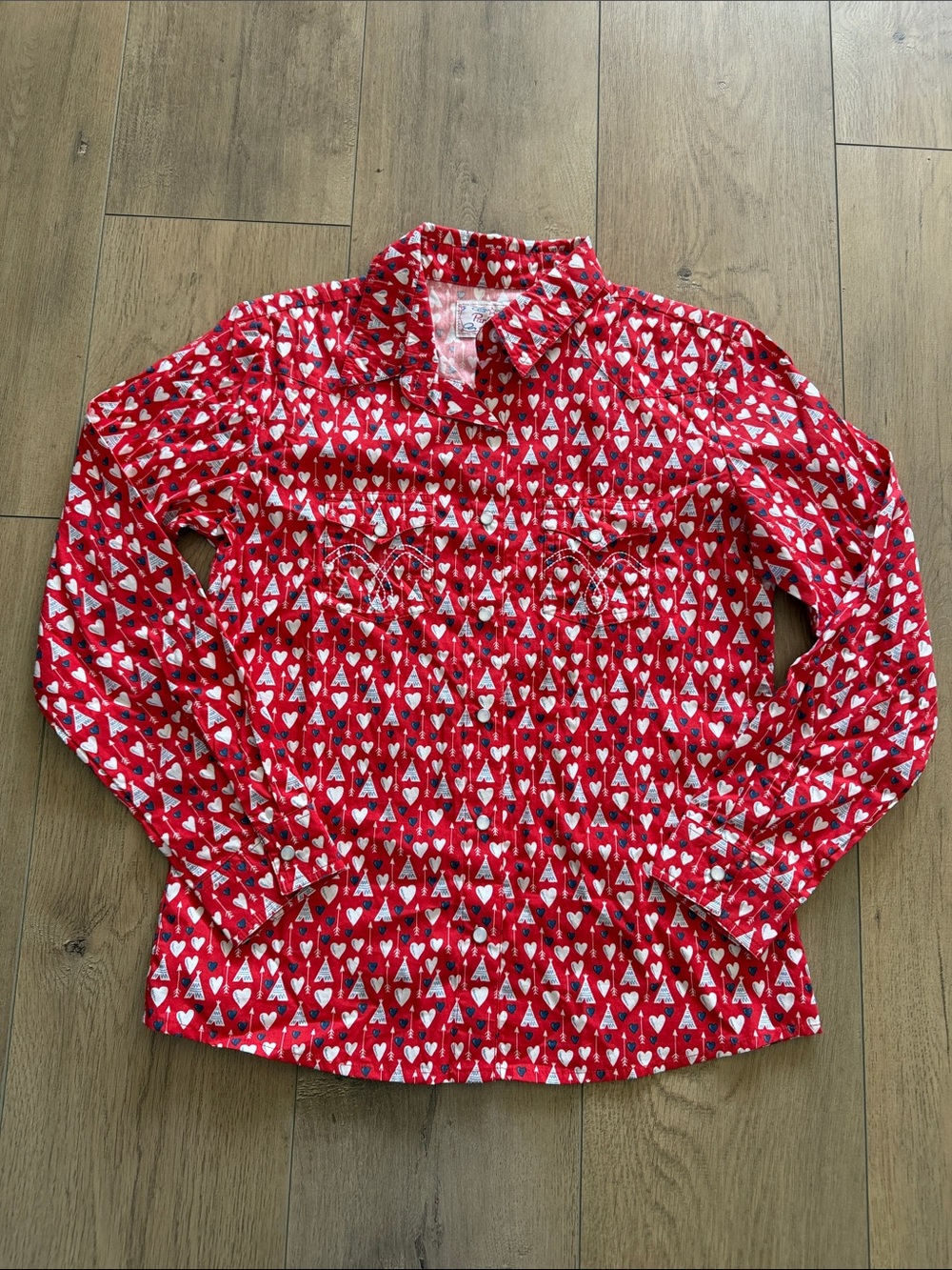 Panhandle Girl's Red Heart TeePee Print Long Sleeve Snap Shirt Size XL Western